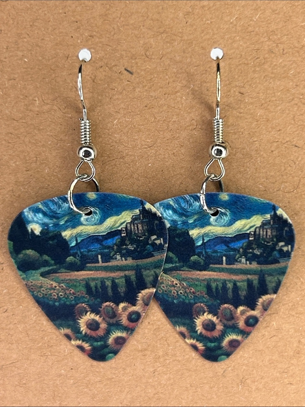 Sunflower Landscape Custom Guitar Pick Earrings Fashion Jewelry